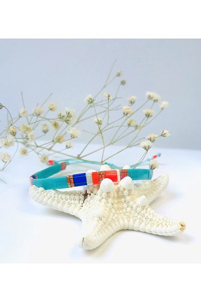 NAZLI TAKILAR Women's Miyuki Tila Bracelet in Turquoise and Orange Saxe Colors