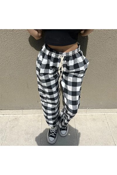 Gofeel Unisex Black and White Checked Relaxed Tracksuit with Cargo Pockets