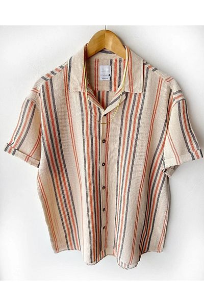 Hazhers Men's Oversize Striped 100% Linen Shirt Collar Short Sleeve Shirt