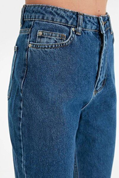 TugsatTasarTekstil Prag Mavi Boyfriend Mom Jean Kadın Toparlayıcı Kot Pantolon