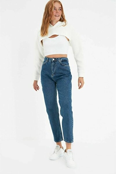 TugsatTasarTekstil Prag Mavi Boyfriend Mom Jean Kadın Toparlayıcı Kot Pantolon