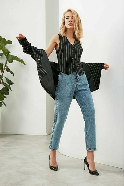 TugsatTasarTekstil Anna Blue Acid Wash Boyfriend Mom Jean Women's Colorfast Recovery Jeans