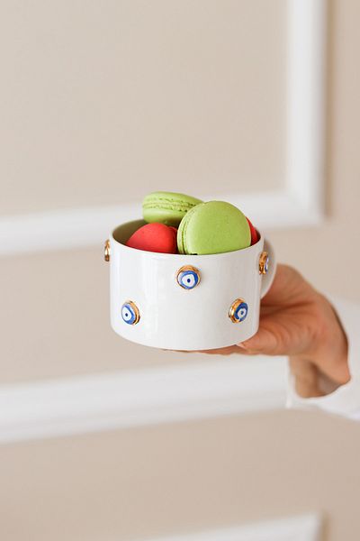 NADY STUDIO Bodur Bone Eye Mug Cup 24k Gold Embroidered Evil Eye Beaded Porcelain Cup Cup Coffee Mug 250ml