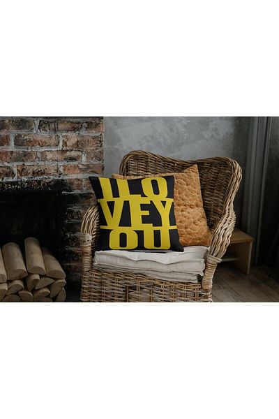 NT Handmade Yellow I Love You Printed 42x42cm Cotton Woven Throw Pillow Pillow Case