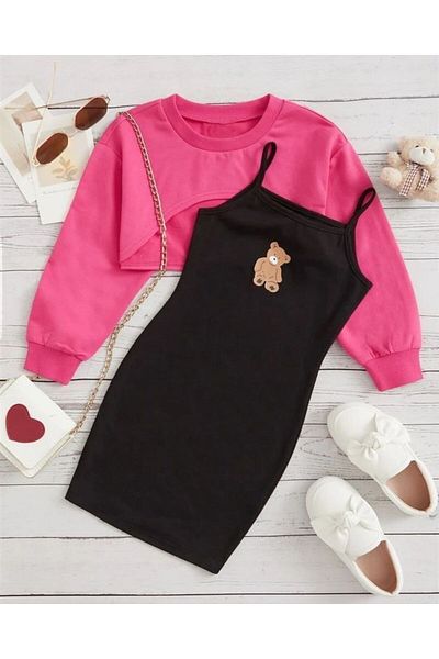 DLRboutique DÍTĚ DÍTĚ ŠATY S POTISKEM SLADKÉHO MEDVÍDEKA & KOMBINAČNÍ KROUŽKY