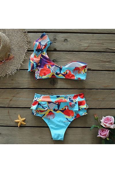 QUEEN AKSESUAR New season trend luxury flounced sleeve high retractive waist belt gold metal brooch bikini suit