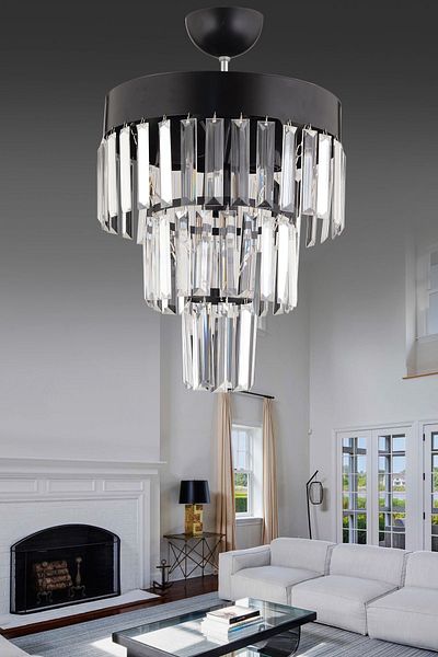 Kraliçe Paris 3-Layer - Black Crystal Stone Detailed 30-Light Modern Chandelier