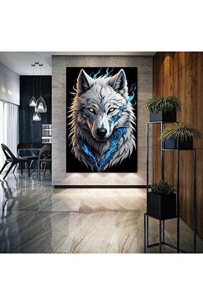 EMİLART Beyaz Mavi Kurt Özel Tasarım HD Kalite Kanvas Tablo -006-e