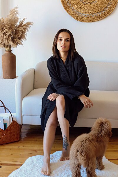 vivamaison Μπουρνούζι Kimono για ενήλικες, 100% βαμβάκι 4 στρώσεων Multi Muslin Black