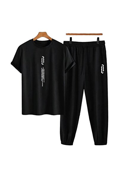 Adrift Tricou negru unisex cu slogan cu gât și pantaloni de trening negri Set...