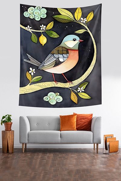 on the clouds Lemon Flowers and Bird on a Branch Stain Resistant Fabric Wall Cover Wall Carpet Tapestry