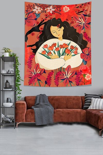 on the clouds Poppies Flowers and Peaceful Girl Stain Resistant Fabric Wall Cloth Wall Carpet Tapestry