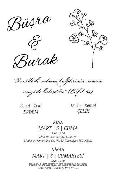 Belinay Bulutay Düğün Davetiyesi 114 07 (50 Adet)