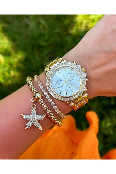 Has Lüx Taşlı Gold İthal Kadın Saati İki Bileklik Hediyeli
