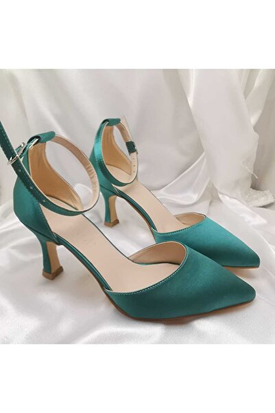 LİNEER Kadın Yeşil Renk 7 Cm Topuklu Saten Stiletto Ayakkabı