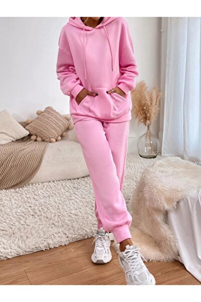 Machetta Kadın Baskısız Pembe Renk Kapüşonlu 3 iplik Eşofman Takımı