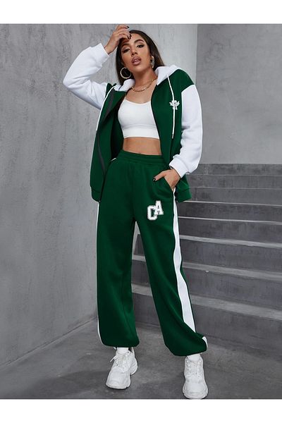 Machetta Plus Size California 97 Printed 3 νήματα Πράσινα μανίκια με φερμουάρ και σετ αθλητικής φόρμας καπέλο λευκό