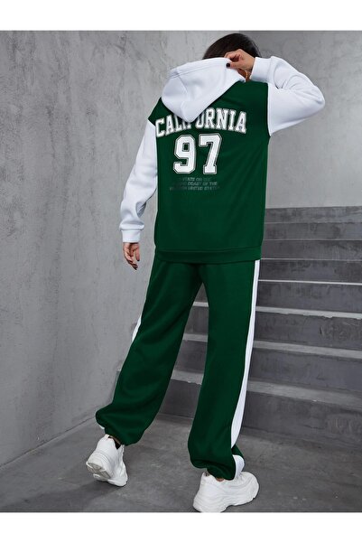 Keywest Plus Size California 97 Printed 3 νήματα Πράσινα μανίκια με φερμουάρ και σετ αθλητικής φόρμας καπέλο λευκό