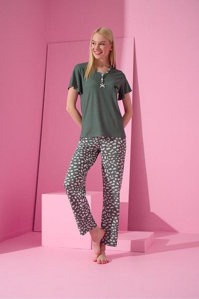 MEBA Women's Short Sleeve Camisole Khaki Green Pajama Set -3