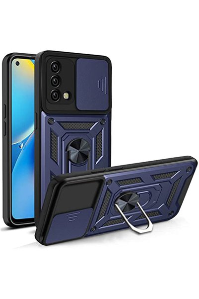Gpack Oppo A74 4G Kılıf Sert Silikon Tank Aramid Sürgülü Vega Yüzüklü Lacivert