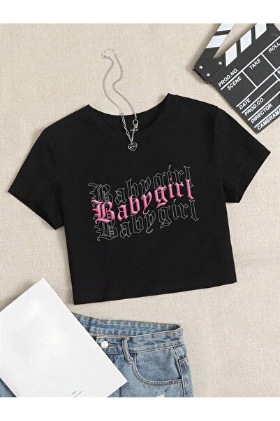 Jose Clothing BLUZ CROP TOP cu mânecă scurtă, Așezat pe CORP, IMPRIMAT NEGRU