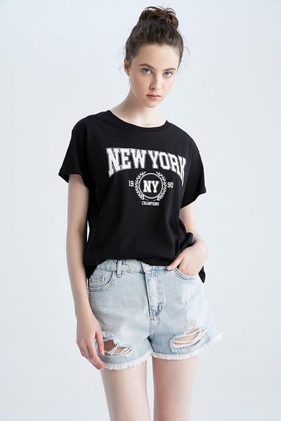 DeFacto Regular Fit Crew Neck Printed Short Sleeve 100% Cotton T-Shirt