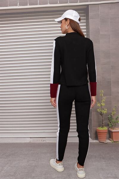 OMKA BUTİK Women's Burgundy Double Set Leggings with Stripe Detailed Zippered Trousers