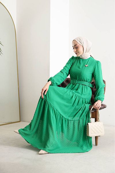 Neşeli Butik Γυναικείο Πομπον Σιφόν Φόρεμα Hijab με Ζώνη SMS022