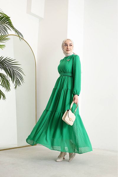 Neşeli Butik Γυναικείο Πομπον Σιφόν Φόρεμα Hijab με Ζώνη SMS022