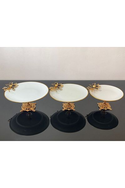atabey home Porcelain Cast Iron Footed Round Presentation Bowl 3 Piece Set Black Flower