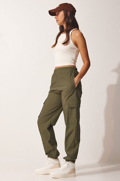 Happiness İstanbul Khakifarbene Parachute-Cargohose für Damen DD01247