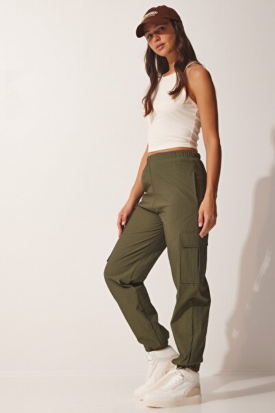 Happiness İstanbul Dámské khaki padákové cargo kalhoty DD01247