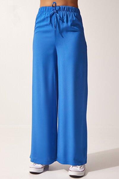 Happiness İstanbul Női kék pamut viszkóz Palazzo nadrág BV00076