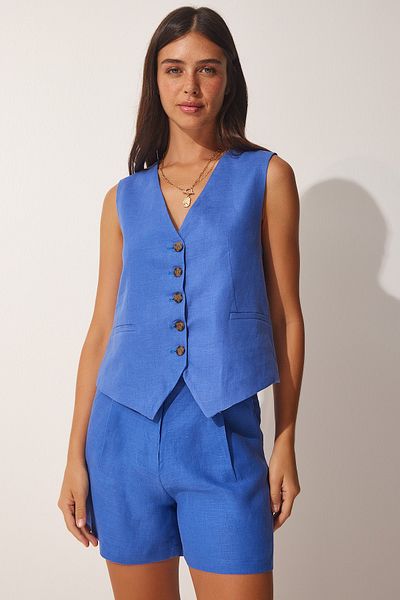 Happiness İstanbul Set pantaloni scurți cu vestă de suprafață de in albastru pentru femei WF00043