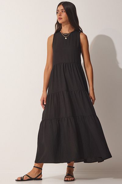 Happiness İstanbul Women's Black Flounce Sleeveless Knitted Dress UB00129