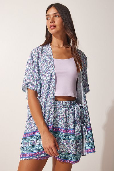 Happiness İstanbul Women's Light Blue Patterned Viscose Kimono Shorts Set FN03067