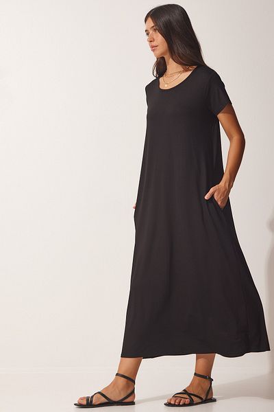 Happiness İstanbul Rochie neagră de damă din bumbac pieptănat tricotat zilnic cu buzunar UB00128