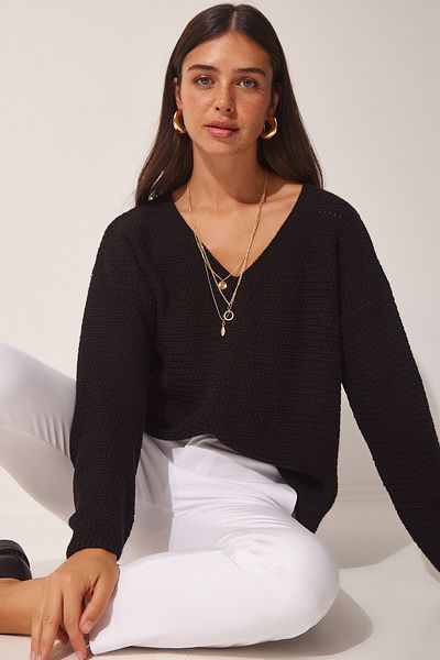 Happiness İstanbul Schwarzer, gebogener Strickpullover für Damen MX00108
