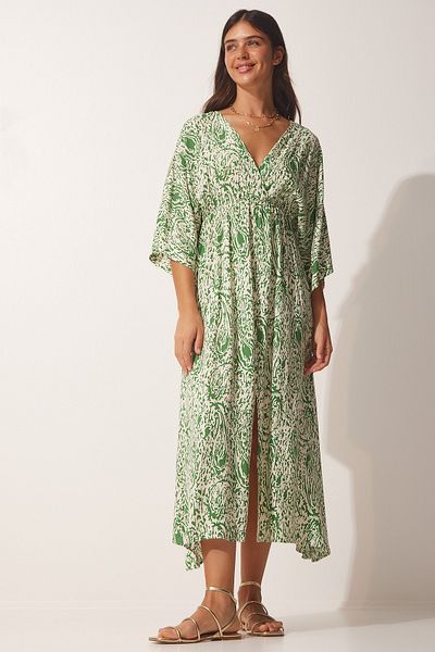 Happiness İstanbul Hellgrünes Sommerkleid aus Viskose mit tiefem V-Ausschnitt für Damen CI00081