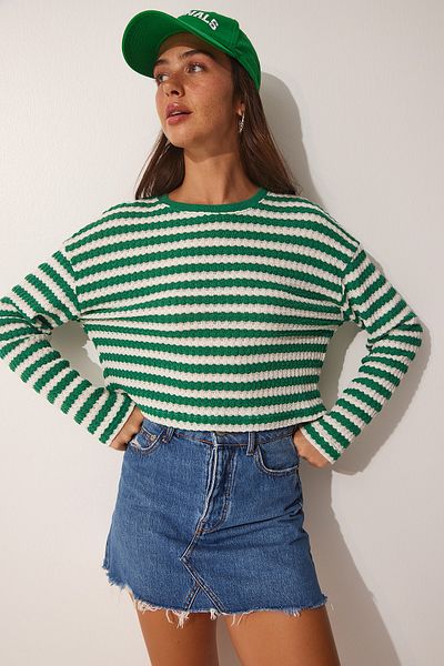 Happiness İstanbul Grün gestreifter Häkel-Strickpullover für Damen UB00123