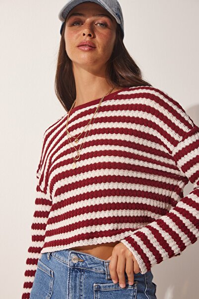 Happiness İstanbul Női bordó csíkos horgolt kötött pulóver UB00123