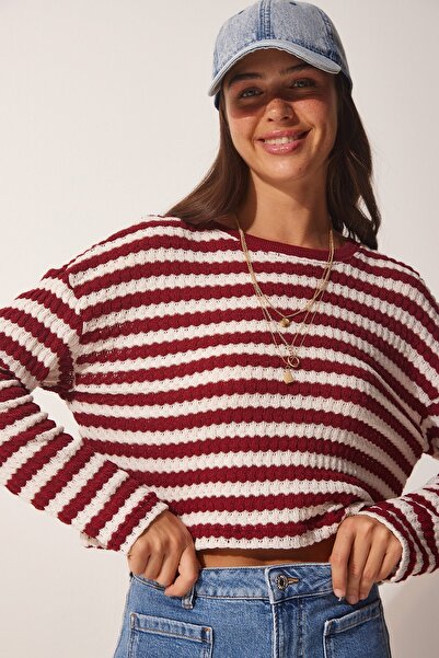 Happiness İstanbul Női bordó csíkos horgolt kötött pulóver UB00123