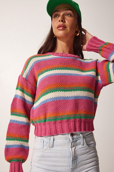 Happiness İstanbul Women's Pink Striped Knitwear Sweater MC00209