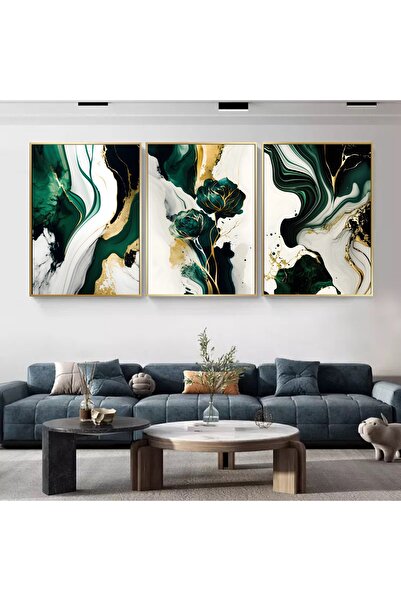 Markazip Zümrüt Gold Çiçekler Altın Metal Çerçeveli 50x70cm Üçlü Soyut Kanvas...