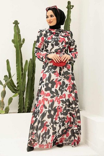 Neva Style - Rochie hijab roșie cu model 2925k