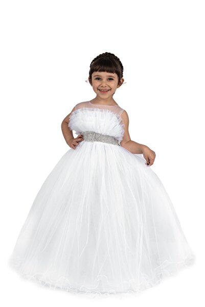 MiniBal Kemer Detaylı Kasnaklı Kız Çocuk Parti Elbisesi