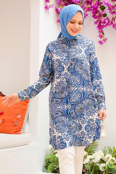 Neva Style - Tunica din vascoza Hijab albastru Indigo cu model 11524ım