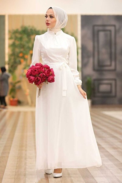 Neva Style - Belted Ecru Hijab Dress 27922E