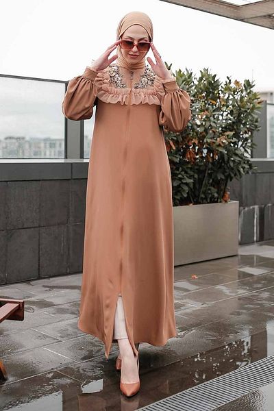 Neva Style - Frill Detailed Tan Hijab Ferace347100tb
