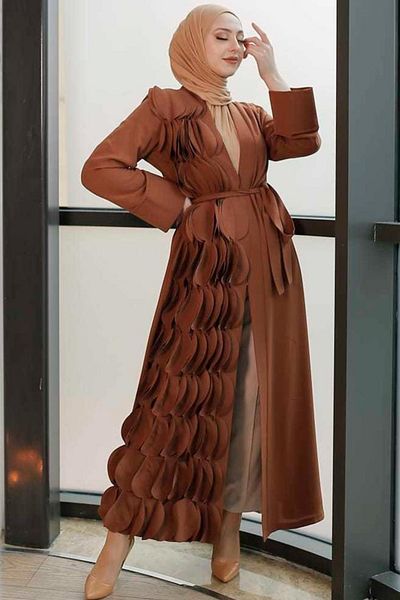 Neva Style - Detailed Brown Hijab Abaya 34930kh